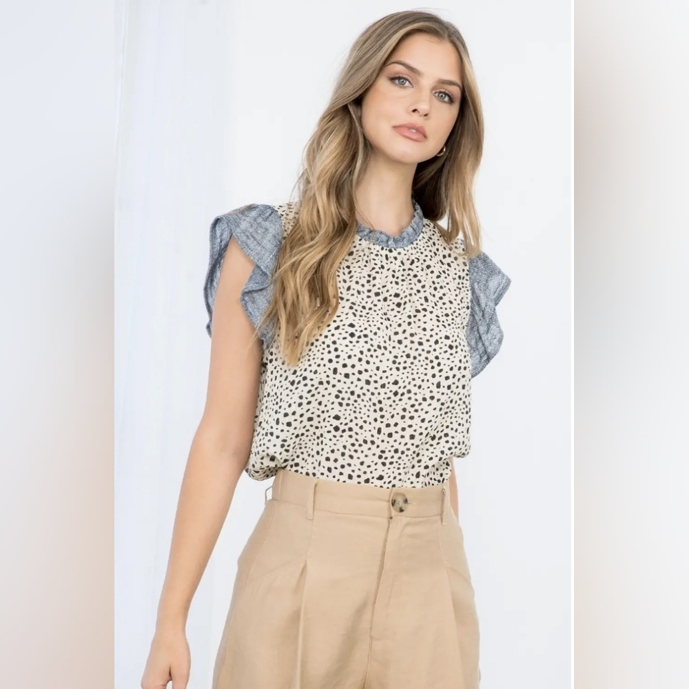 THML Crinkle Chiffon Spotted Print Ruffle Top, Sz S